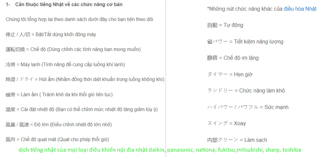 Bảng ký tự hướng dẫn cách sử dụng điều hòa National của Nhật.